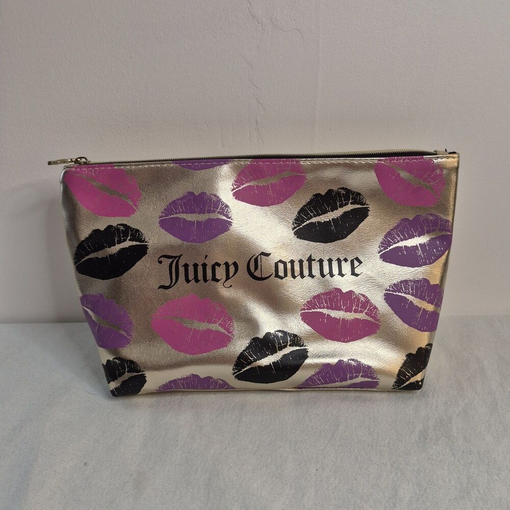 Juicy Couture Cosmetics Bag Gold Lips Pattern 12" X 7" X 4"